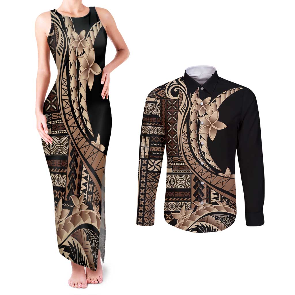 Samoa Siapo Mamanu Couples Matching Tank Maxi Dress and Long Sleeve Button Shirt Plumeria Black Motifs