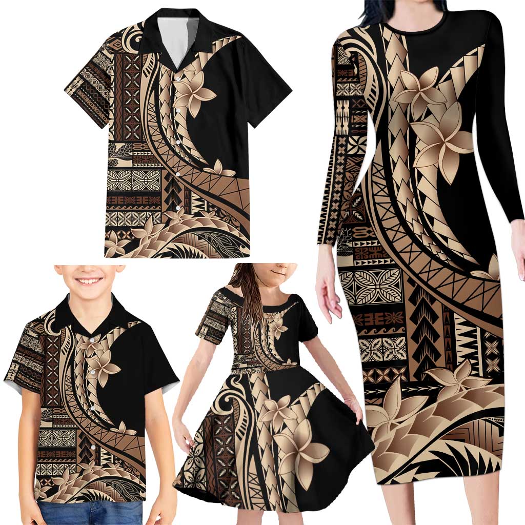 Samoa Siapo Mamanu Family Matching Long Sleeve Bodycon Dress and Hawaiian Shirt Plumeria Black Motifs