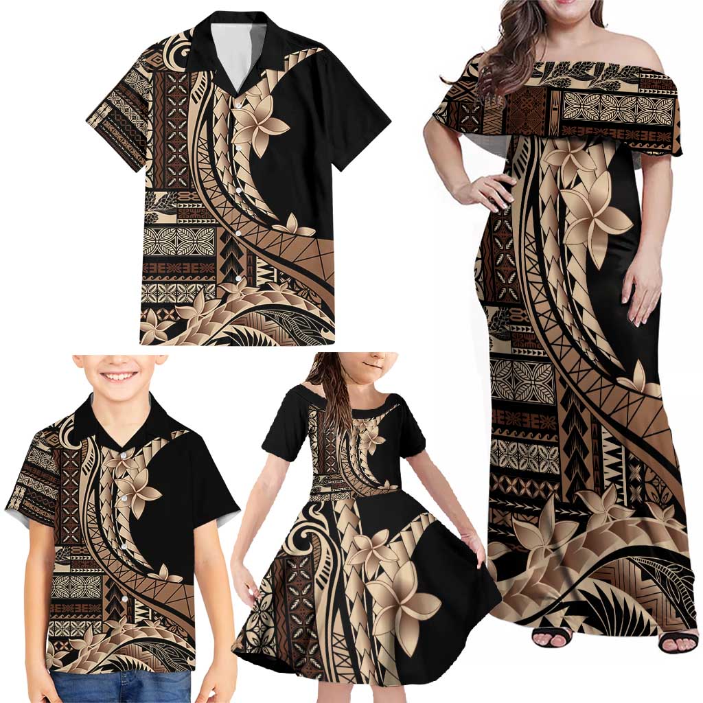 Samoa Siapo Mamanu Family Matching Off Shoulder Maxi Dress and Hawaiian Shirt Plumeria Black Motifs