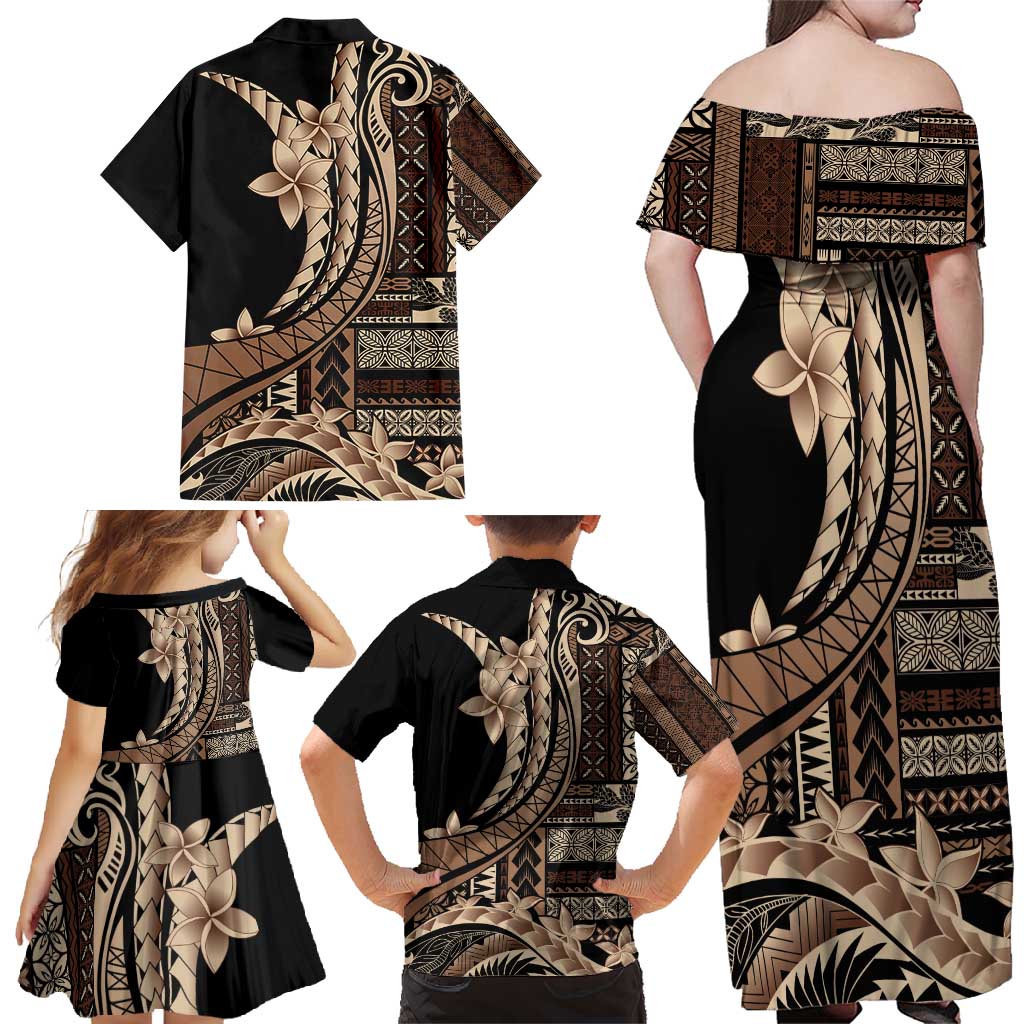Samoa Siapo Mamanu Family Matching Off Shoulder Maxi Dress and Hawaiian Shirt Plumeria Black Motifs