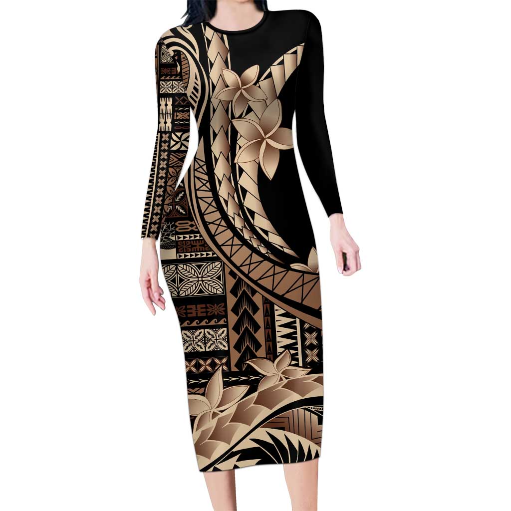 Samoa Siapo Mamanu Long Sleeve Bodycon Dress Plumeria Black Motifs