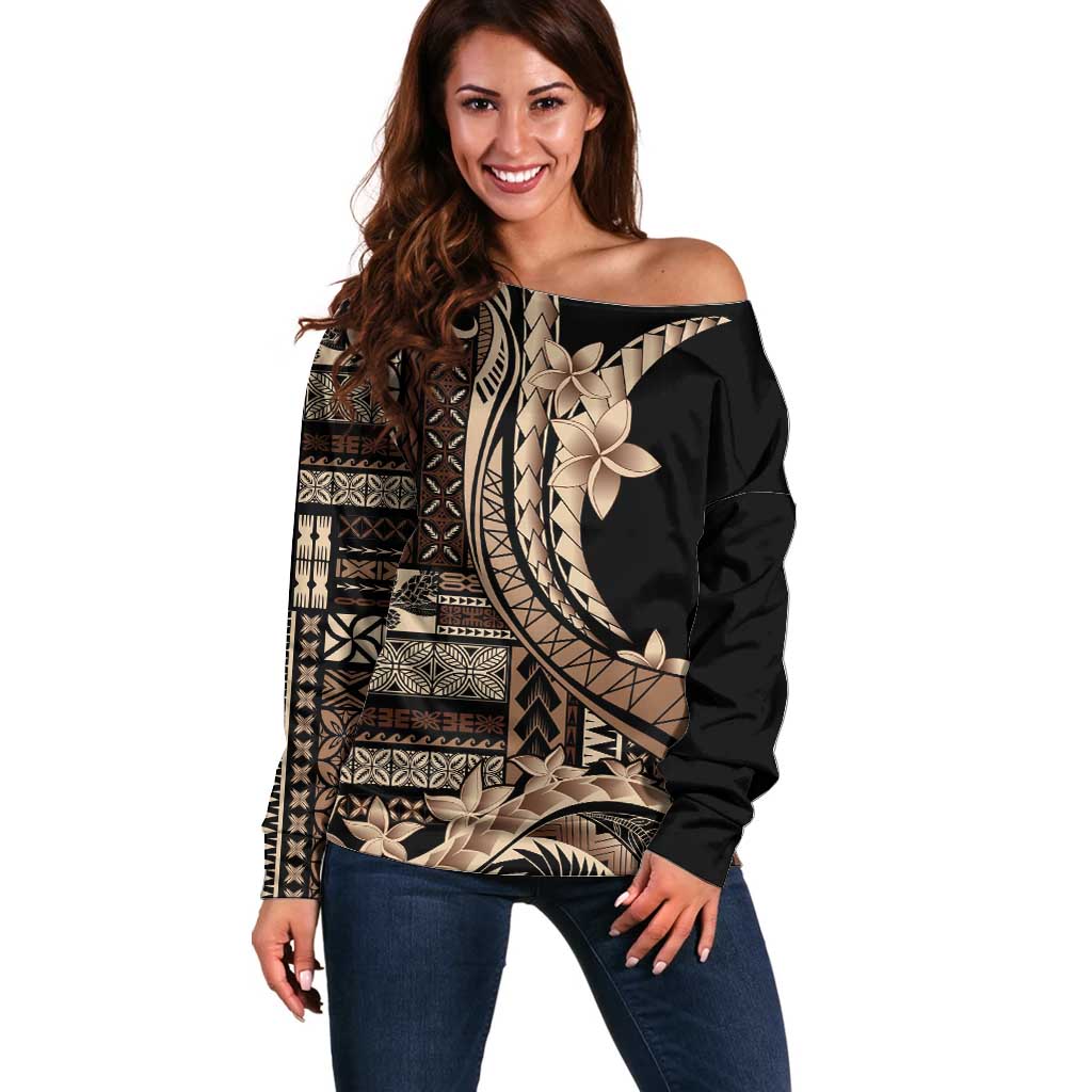 Samoa Siapo Mamanu Off Shoulder Sweater Plumeria Black Motifs