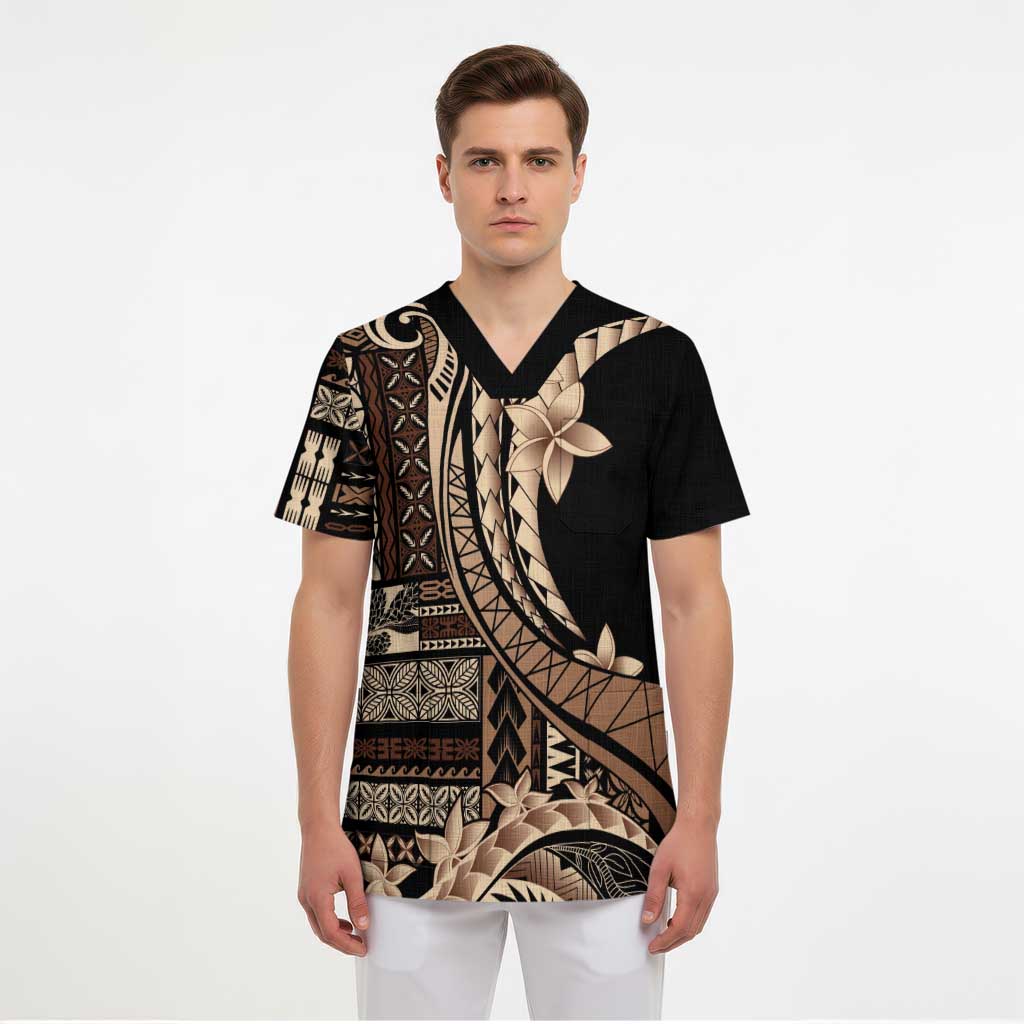 Samoa Siapo Mamanu Scrub Top Plumeria Black Motifs - Polynesian Pride