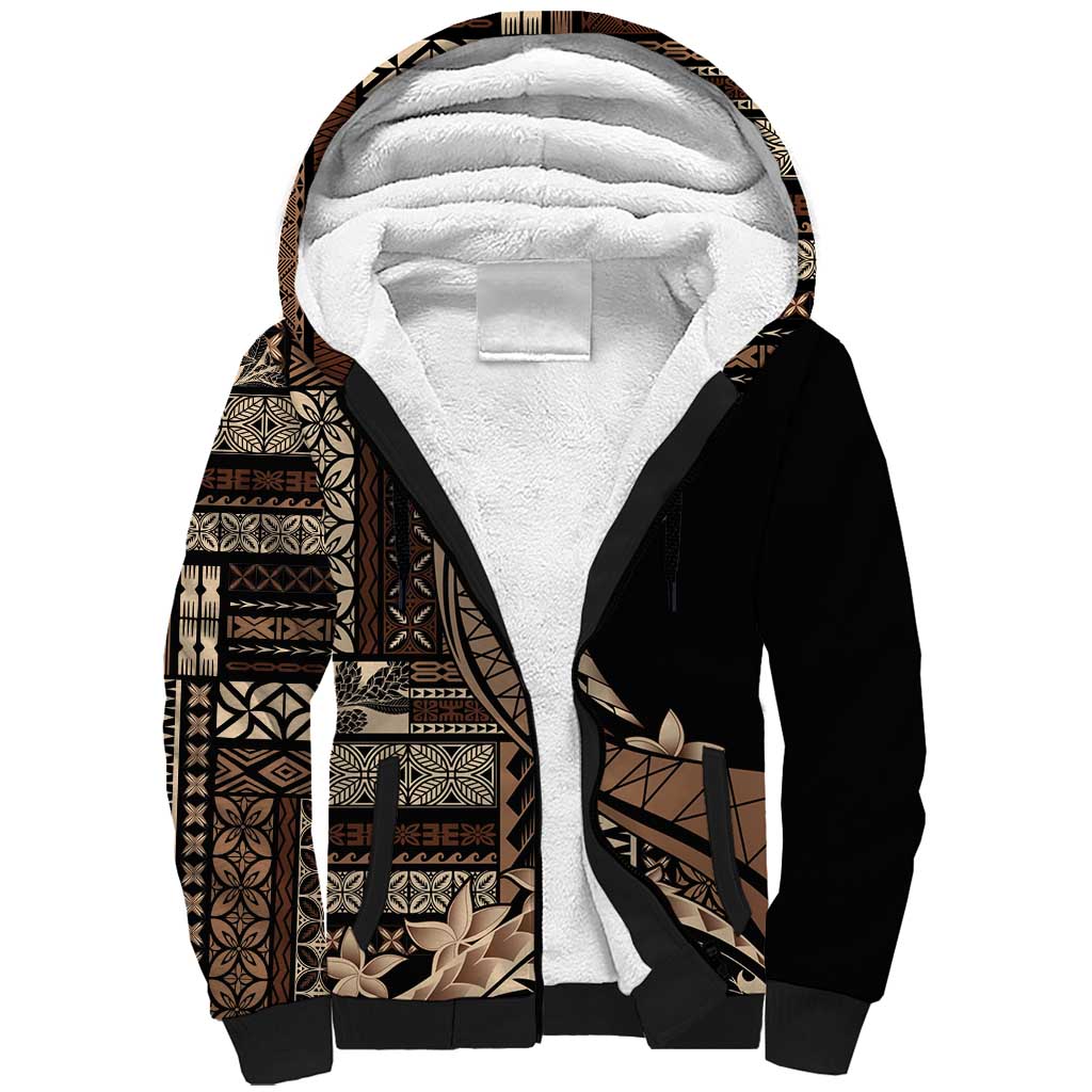 Samoa Siapo Mamanu Sherpa Hoodie Plumeria Black Motifs