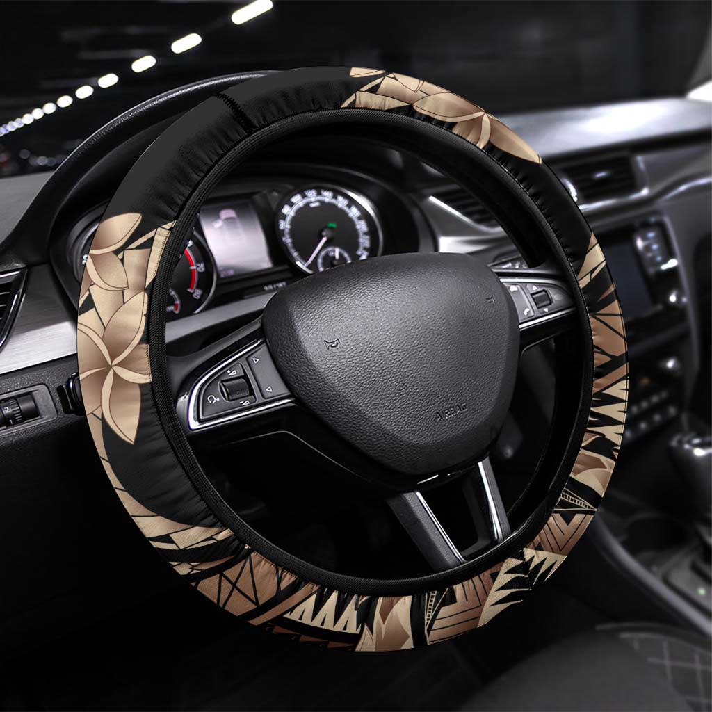 Samoa Siapo Mamanu Steering Wheel Cover Plumeria Black Motifs