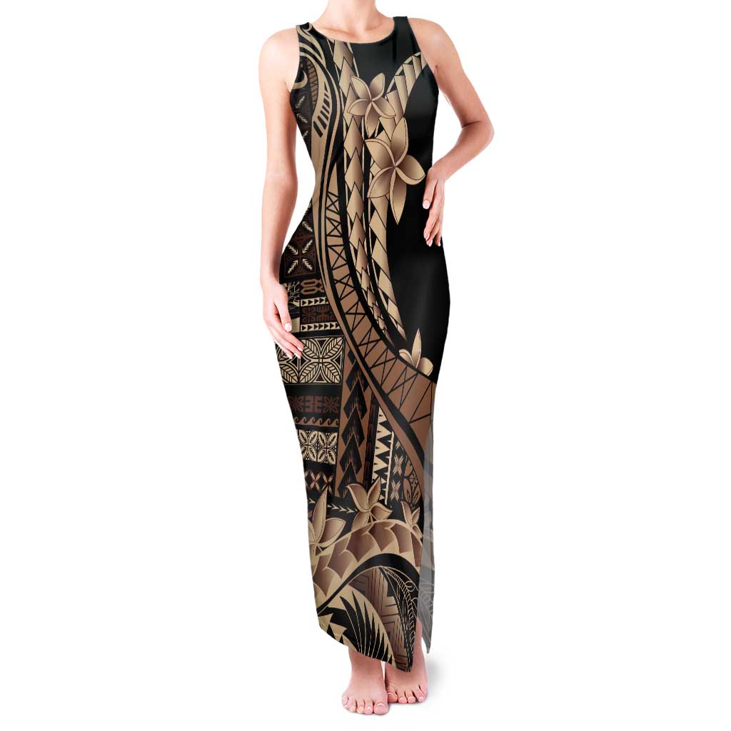 Samoa Siapo Mamanu Tank Maxi Dress Plumeria Black Motifs LT7 Women Black - Polynesian Pride