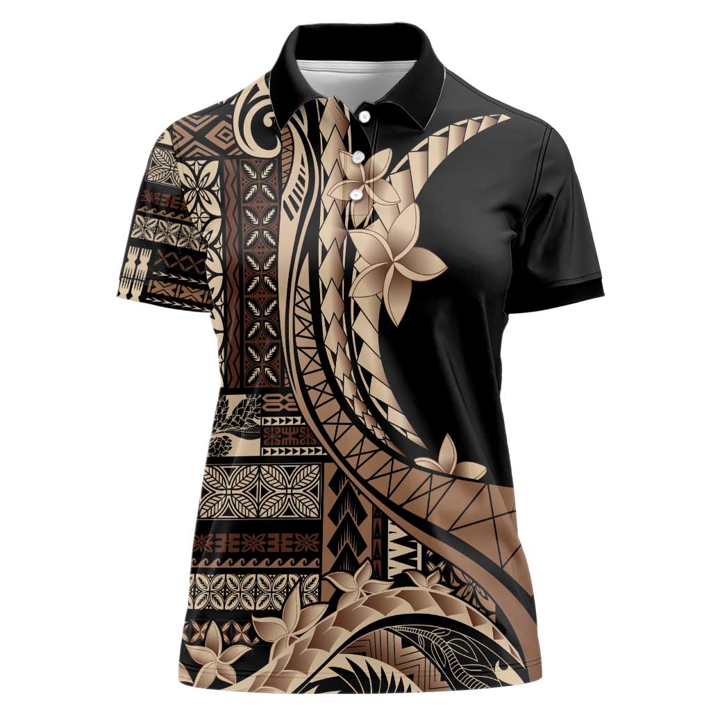 Samoa Siapo Mamanu Women Polo Shirt Plumeria Black Motifs