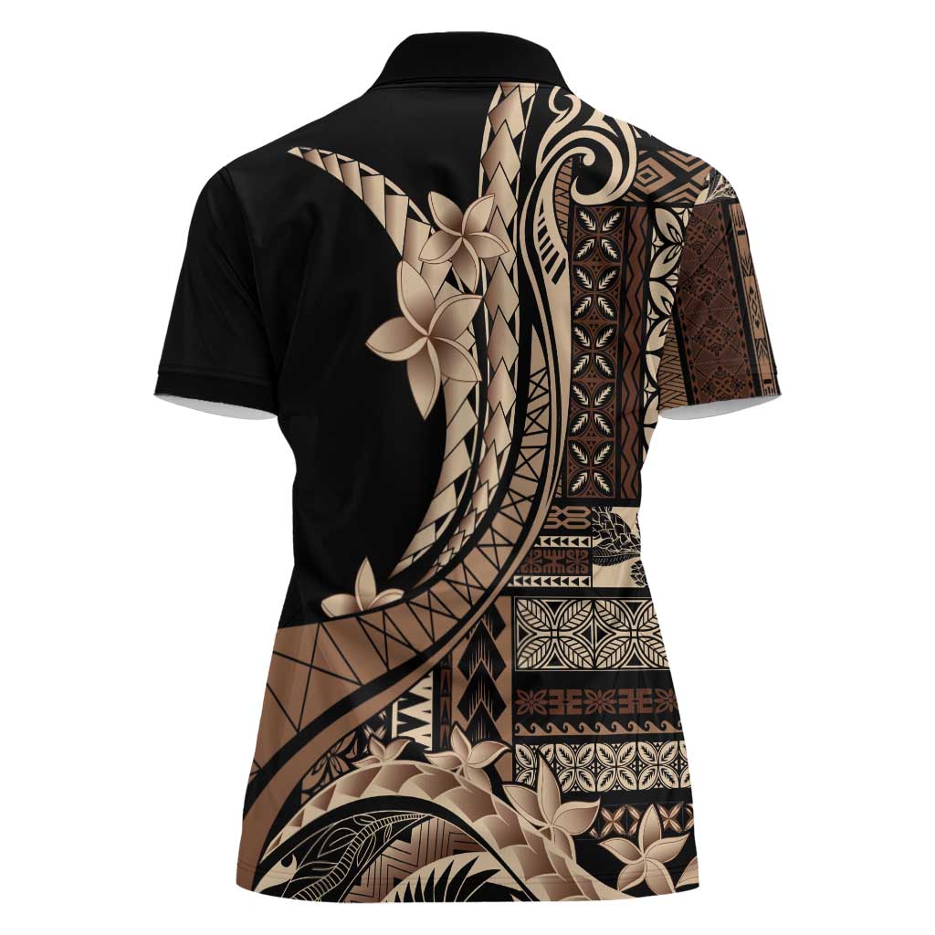 Samoa Siapo Mamanu Women Polo Shirt Plumeria Black Motifs