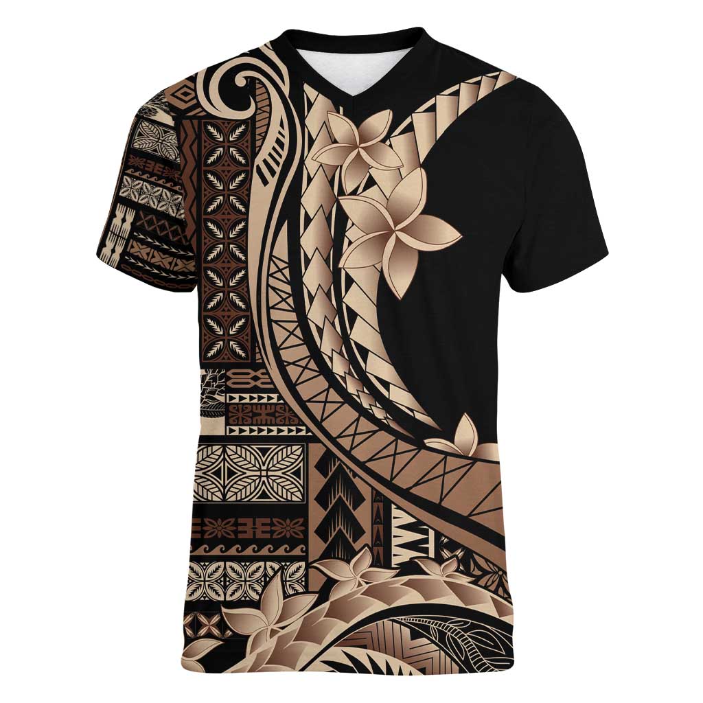 Samoa Siapo Mamanu Women V-Neck T-Shirt Plumeria Black Motifs