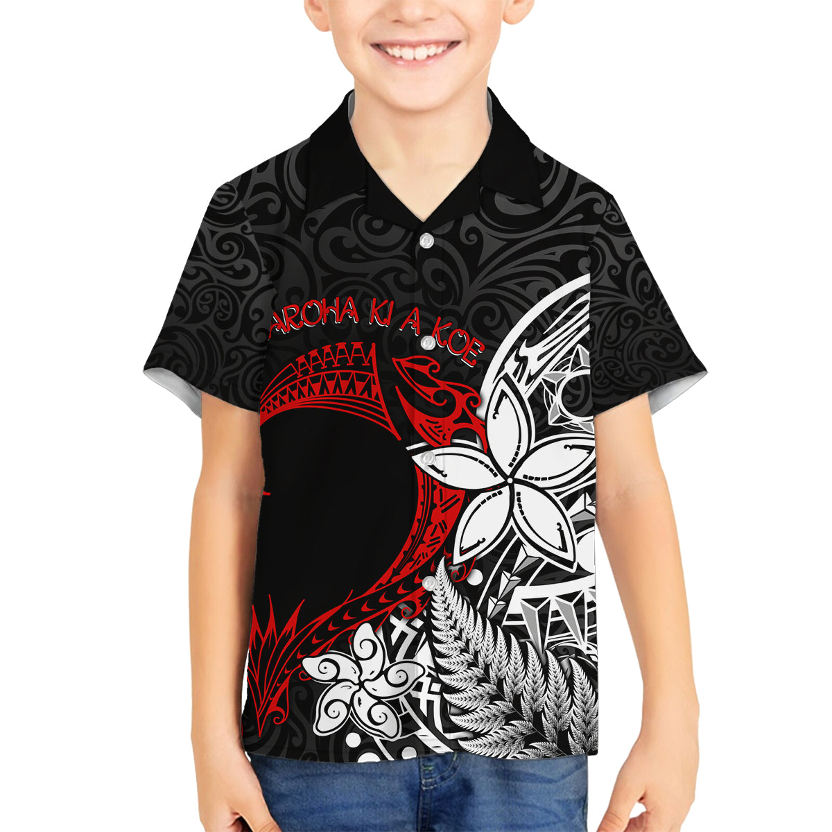 Valentine New Zealand Family Matching Off Shoulder Long Sleeve Dress and Hawaiian Shirt Aotearoa Couple Maori Aroha Ki a Koe LT7 Son's Shirt Black - Polynesian Pride