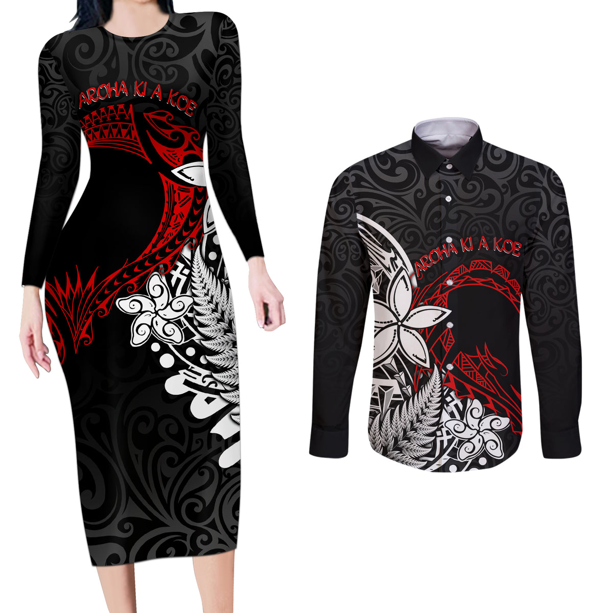 New Zealand Aotearoa Valentine Couples Matching Long Sleeve Bodycon Dress and Long Sleeve Button Shirt Couple Maori Aroha Ki a Koe Ver.02 LT7 Black - Polynesian Pride