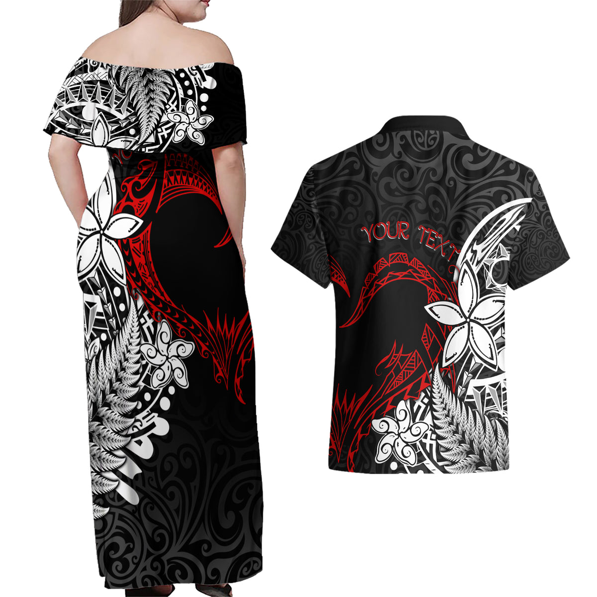 New Zealand Aotearoa Valentine Couples Matching Off Shoulder Maxi Dress and Hawaiian Shirt Couple Maori Aroha Ki a Koe Ver.02 LT7 - Polynesian Pride