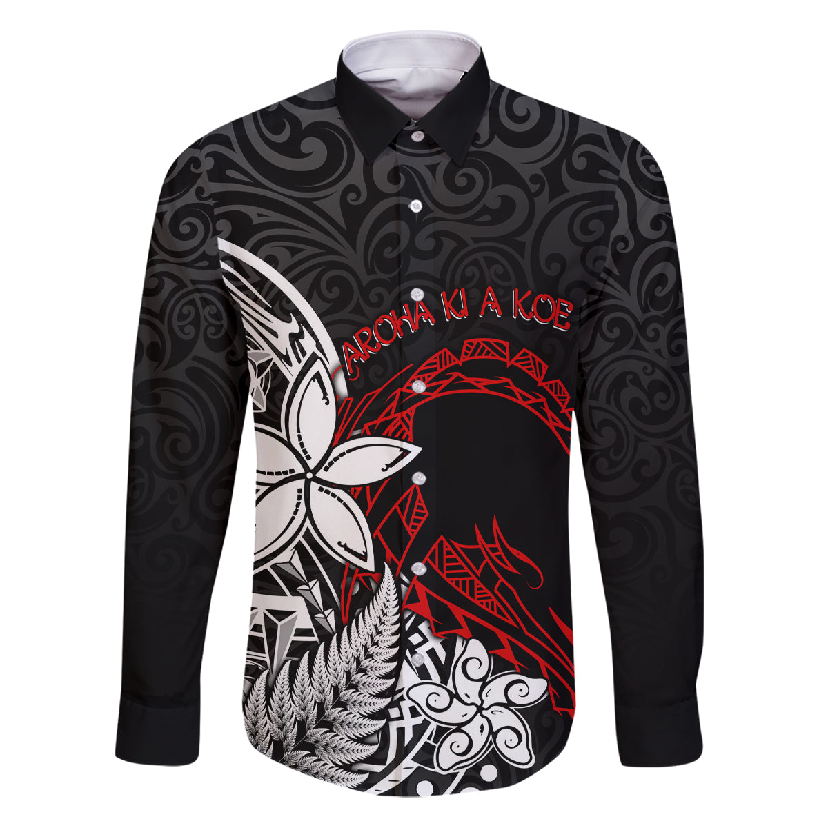 New Zealand Aotearoa Valentine Family Matching Puletasi and Hawaiian Shirt Couple Maori Aroha Ki a Koe Ver.02 LT7 Dad's Shirt - Long Sleeve Black - Polynesian Pride