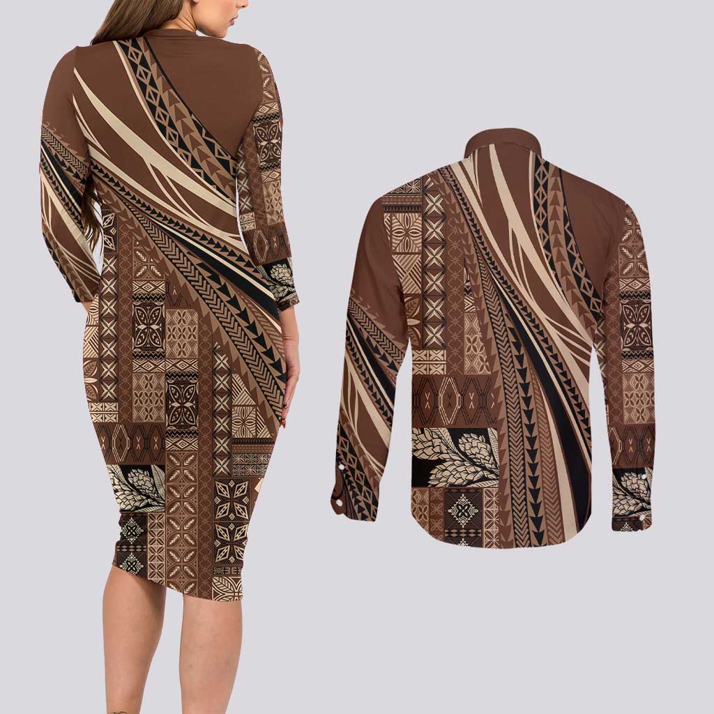 Pasifika Women's Day - Samoa Siapo Malu Tattoo Inspired Couples Matching Long Sleeve Bodycon Dress and Long Sleeve Button Shirt Brown LT7 - Polynesian Pride