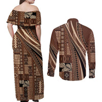 Pasifika Women's Day - Samoa Siapo Malu Tattoo Inspired Couples Matching Off Shoulder Maxi Dress and Long Sleeve Button Shirt Brown LT7 - Polynesian Pride