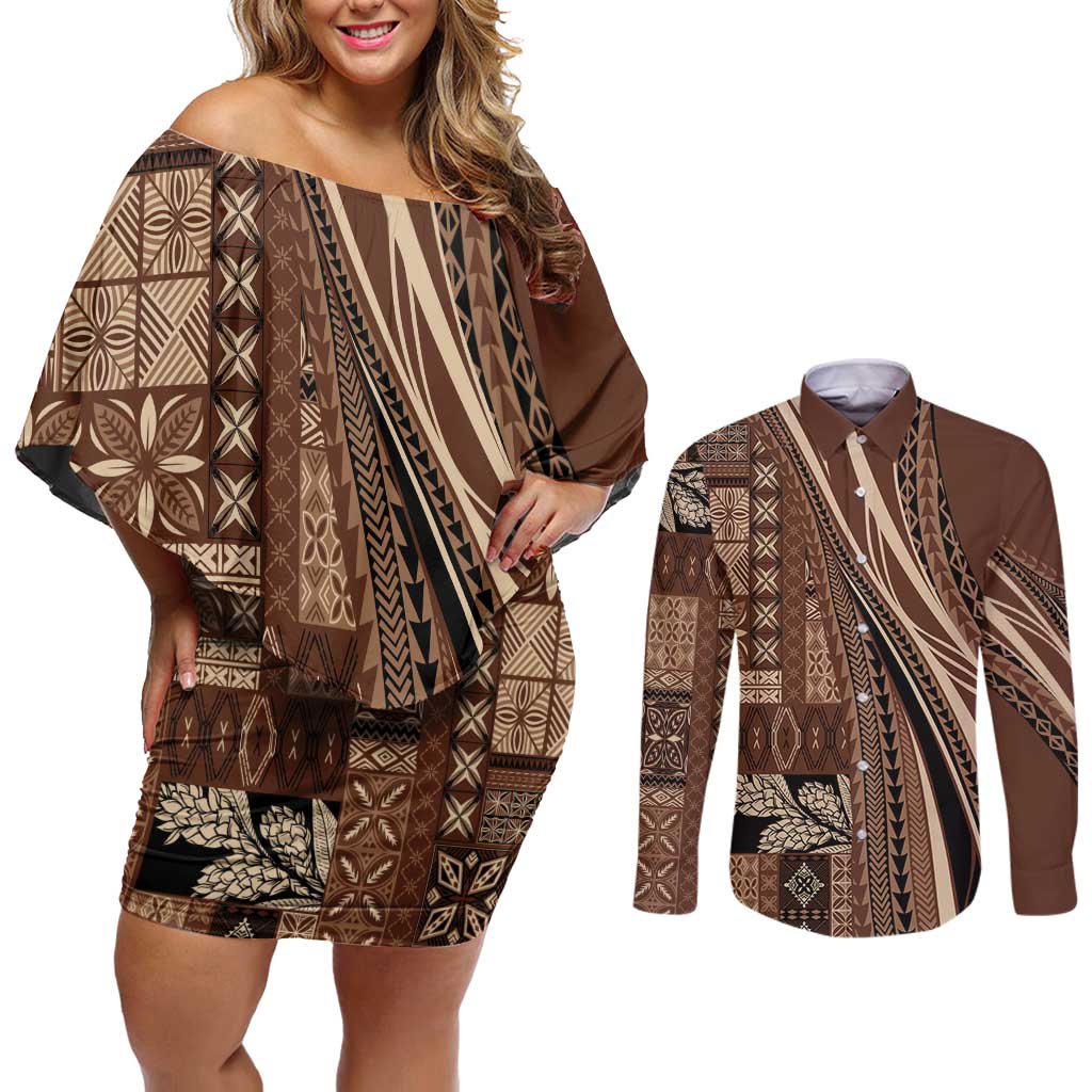 Pasifika Women's Day - Samoa Siapo Malu Tattoo Inspired Couples Matching Off Shoulder Short Dress and Long Sleeve Button Shirt Brown LT7 Brown - Polynesian Pride