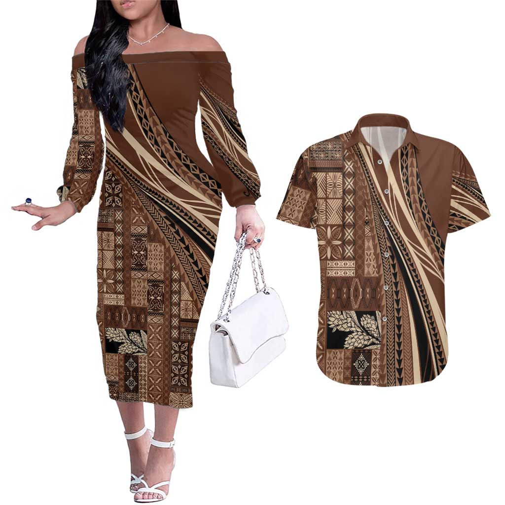 Pasifika Women's Day - Samoa Siapo Malu Tattoo Inspired Couples Matching Off The Shoulder Long Sleeve Dress and Hawaiian Shirt Brown LT7 Brown - Polynesian Pride