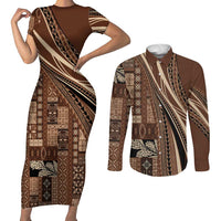 Pasifika Women's Day - Samoa Siapo Malu Tattoo Inspired Couples Matching Short Sleeve Bodycon Dress and Long Sleeve Button Shirt Brown LT7 Brown - Polynesian Pride
