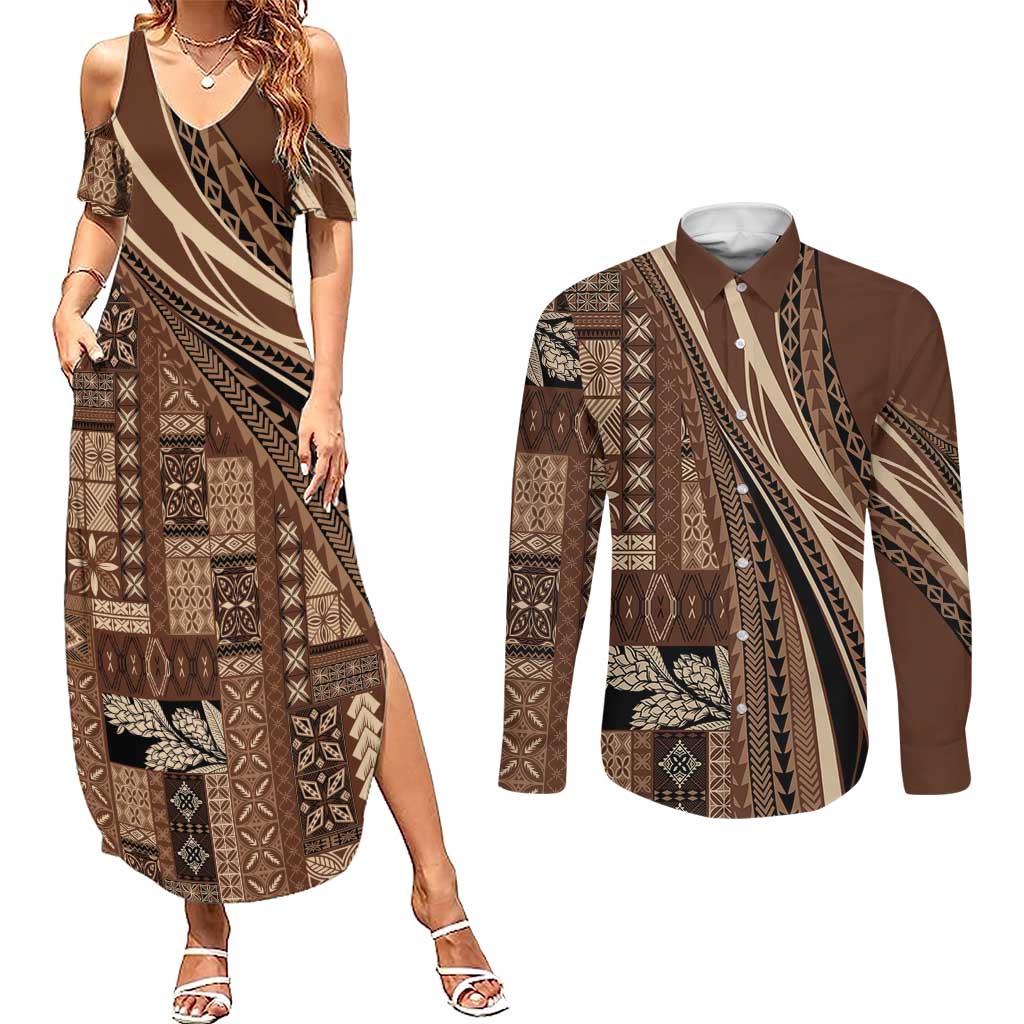 Pasifika Women's Day - Samoa Siapo Malu Tattoo Inspired Couples Matching Summer Maxi Dress and Long Sleeve Button Shirt Brown LT7 Brown - Polynesian Pride