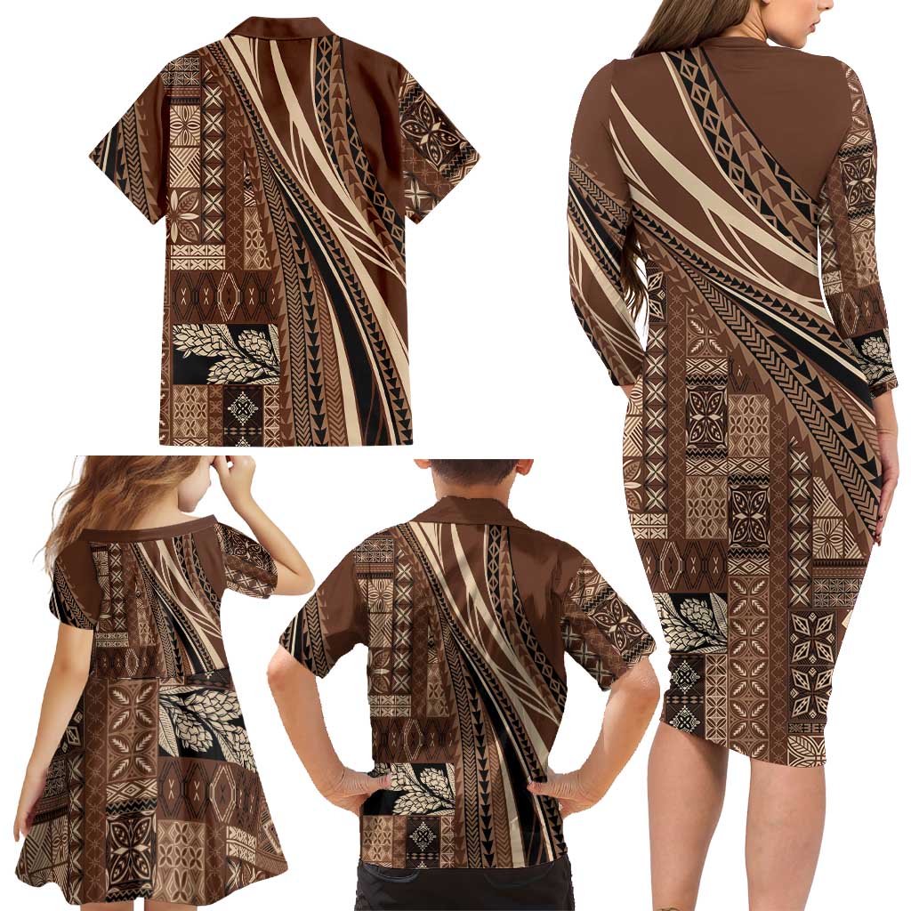 Pasifika Women's Day - Samoa Siapo Malu Tattoo Inspired Family Matching Long Sleeve Bodycon Dress and Hawaiian Shirt Brown LT7 - Polynesian Pride