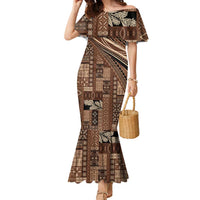 Pasifika Women's Day - Samoa Siapo Malu Tattoo Inspired Family Matching Mermaid Dress and Hawaiian Shirt Brown