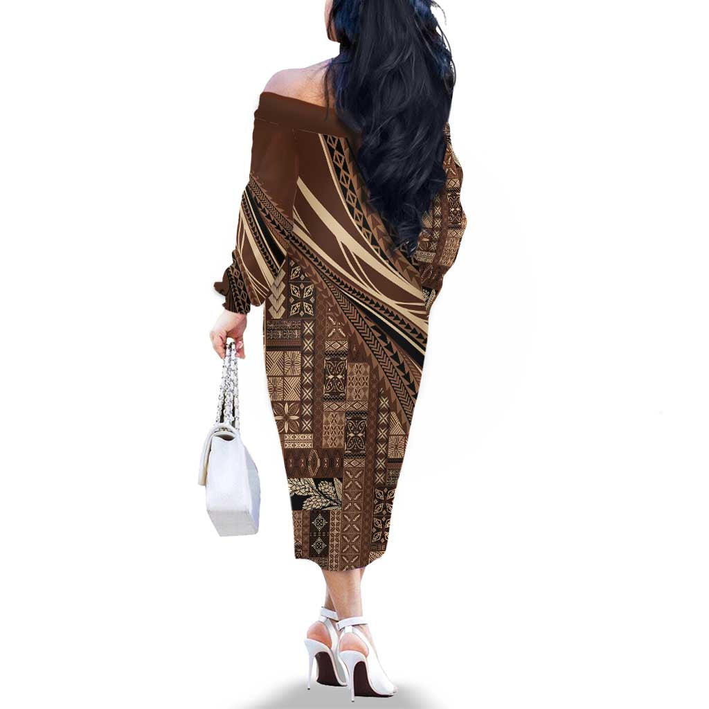 Pasifika Women's Day - Samoa Siapo Malu Tattoo Inspired Family Matching Off The Shoulder Long Sleeve Dress and Hawaiian Shirt Brown LT7 - Polynesian Pride