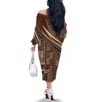 Pasifika Women's Day - Samoa Siapo Malu Tattoo Inspired Family Matching Off The Shoulder Long Sleeve Dress and Hawaiian Shirt Brown LT7 - Polynesian Pride