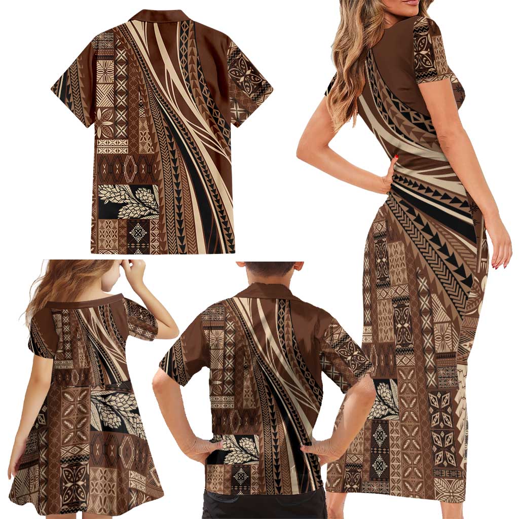 Pasifika Women's Day - Samoa Siapo Malu Tattoo Inspired Family Matching Short Sleeve Bodycon Dress and Hawaiian Shirt Brown