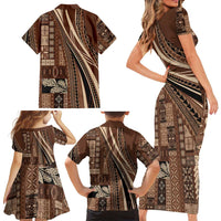 Pasifika Women's Day - Samoa Siapo Malu Tattoo Inspired Family Matching Short Sleeve Bodycon Dress and Hawaiian Shirt Brown