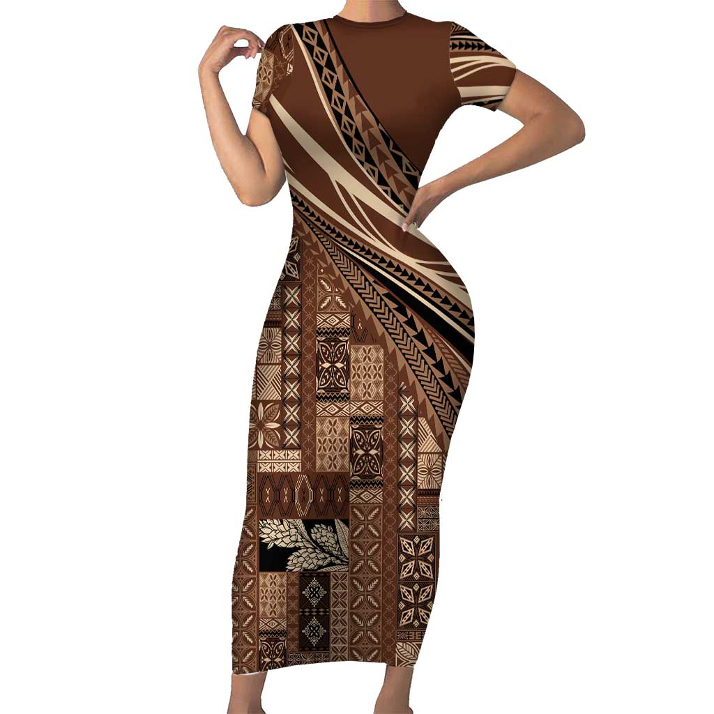 Pasifika Women's Day - Samoa Siapo Malu Tattoo Inspired Family Matching Short Sleeve Bodycon Dress and Hawaiian Shirt Brown