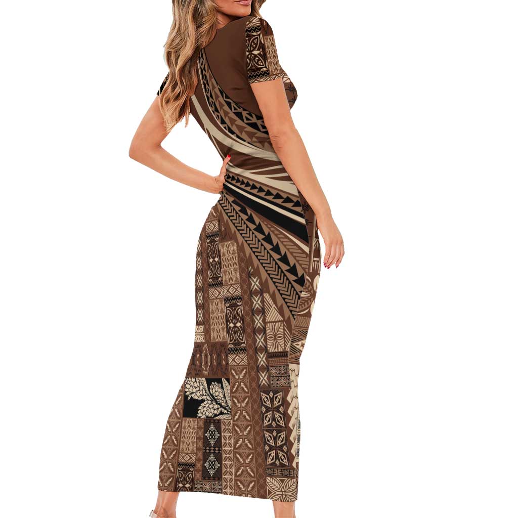 Pasifika Women's Day - Samoa Siapo Malu Tattoo Inspired Family Matching Short Sleeve Bodycon Dress and Hawaiian Shirt Brown