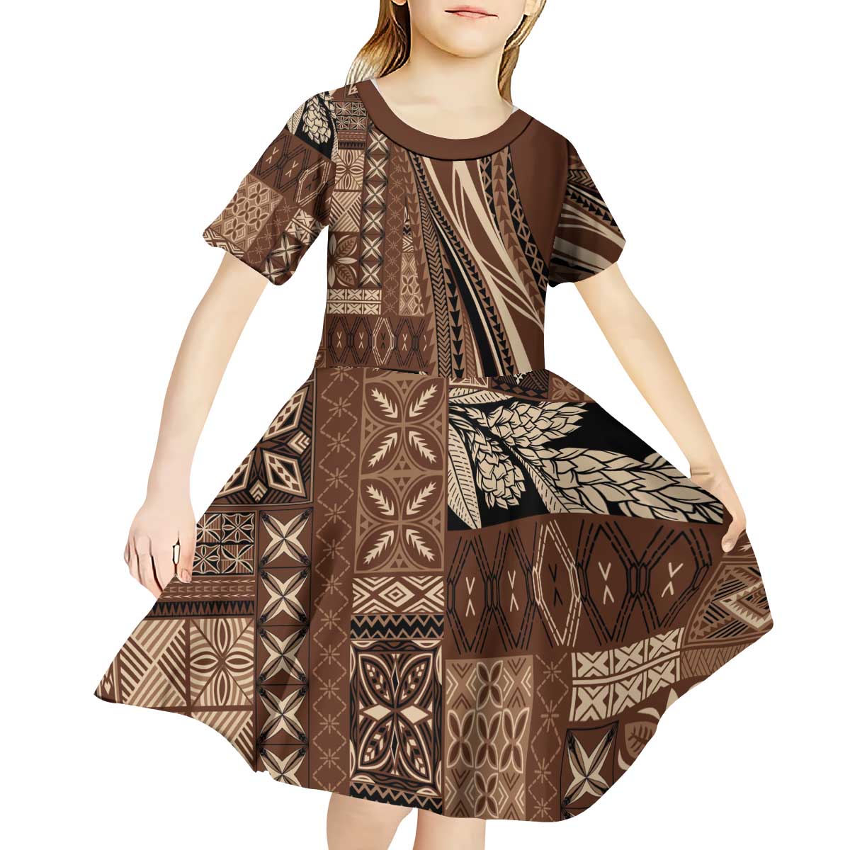 Pasifika Women's Day - Samoa Siapo Malu Tattoo Inspired Kid Short Sleeve Dress Brown