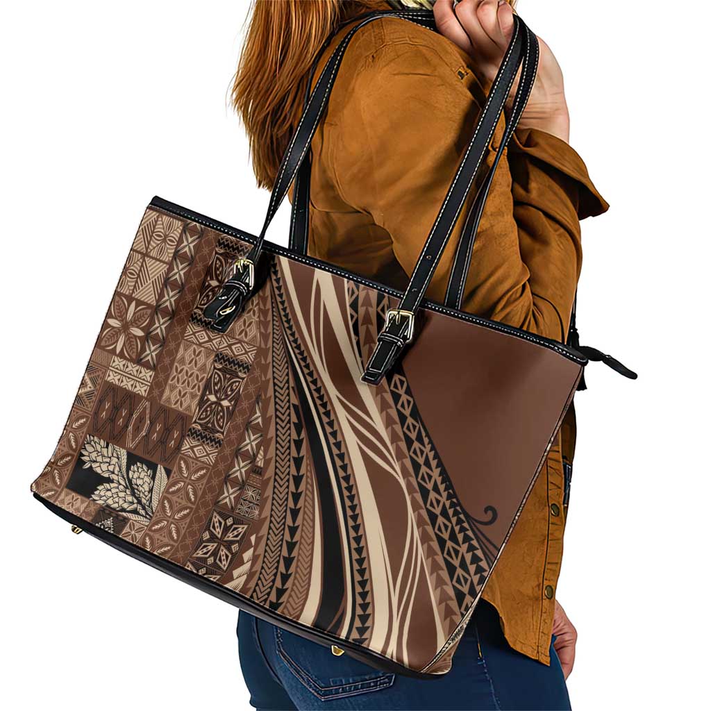 Pasifika Women's Day - Samoa Siapo Malu Tattoo Inspired Leather Tote Bag Brown