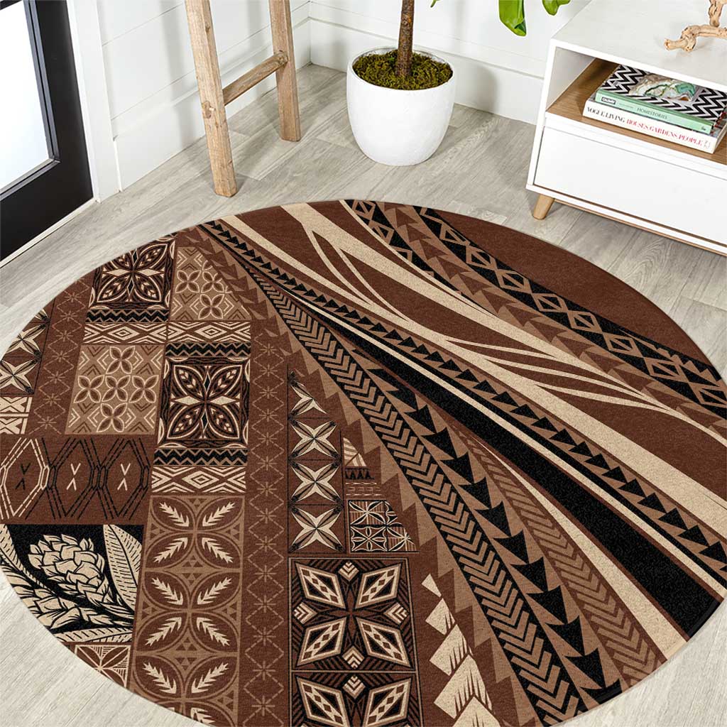 Pasifika Women's Day - Samoa Siapo Malu Tattoo Inspired Round Carpet Brown