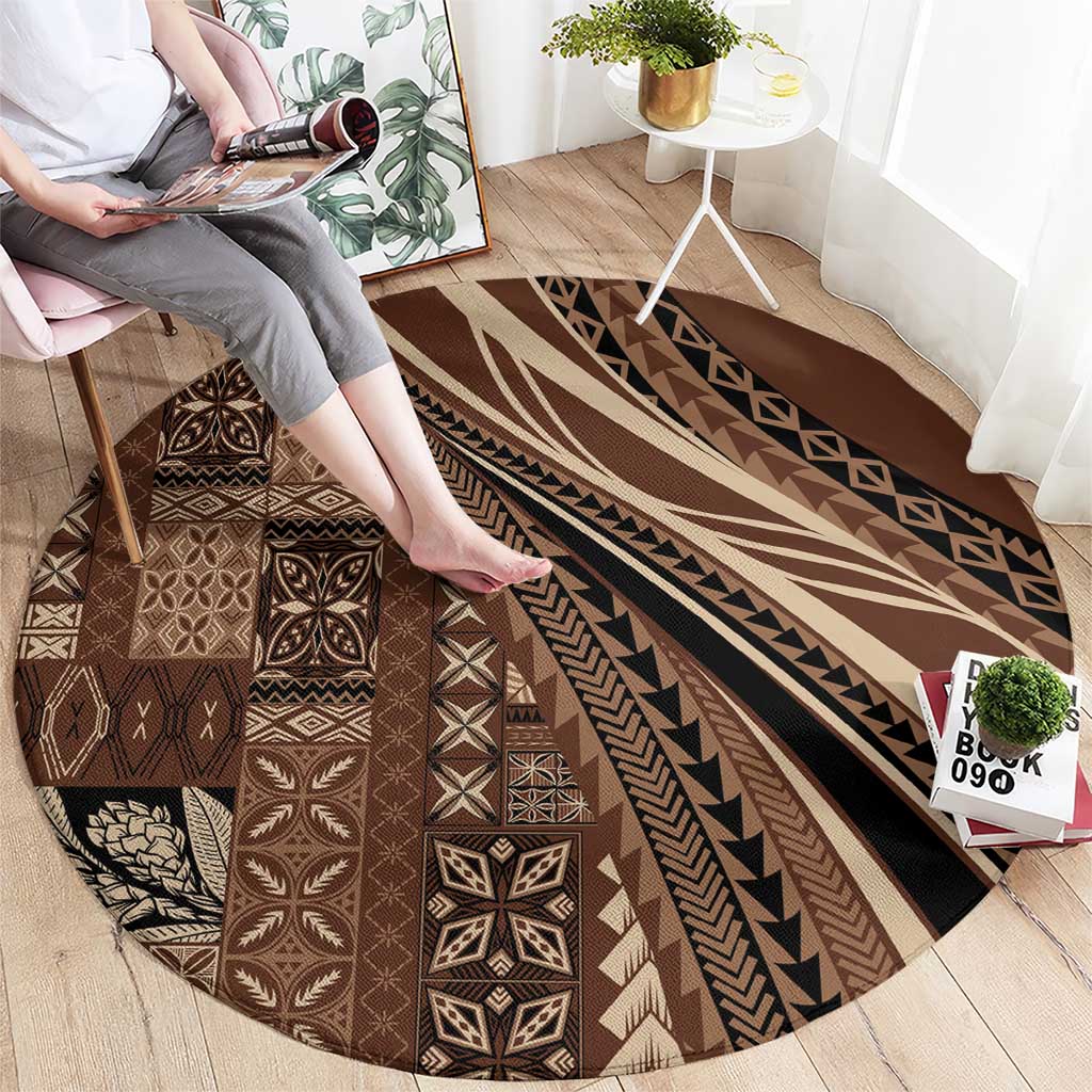 Pasifika Women's Day - Samoa Siapo Malu Tattoo Inspired Round Carpet Brown