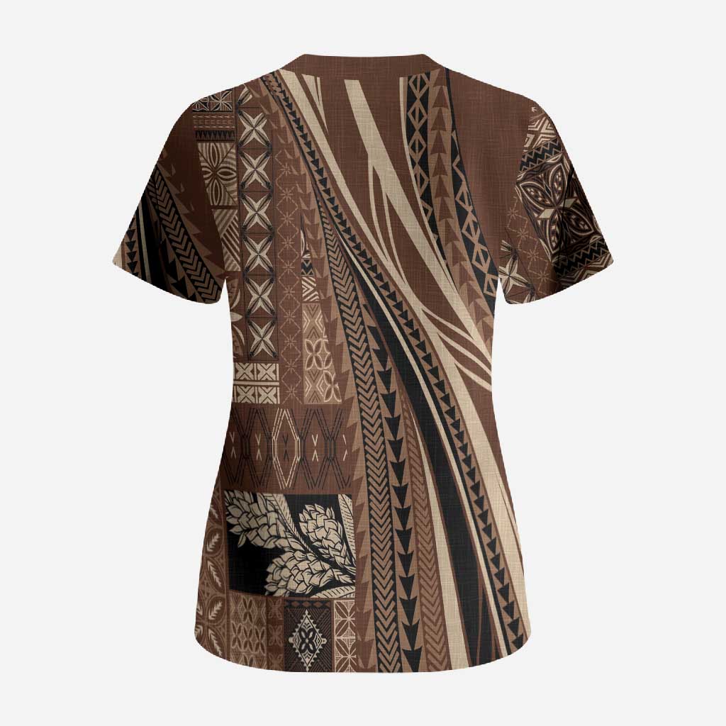 Pasifika Women's Day - Samoa Siapo Malu Tattoo Inspired Scrub Top Brown