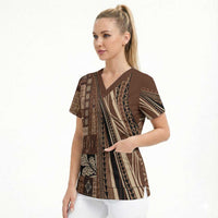 Pasifika Women's Day - Samoa Siapo Malu Tattoo Inspired Scrub Top Brown