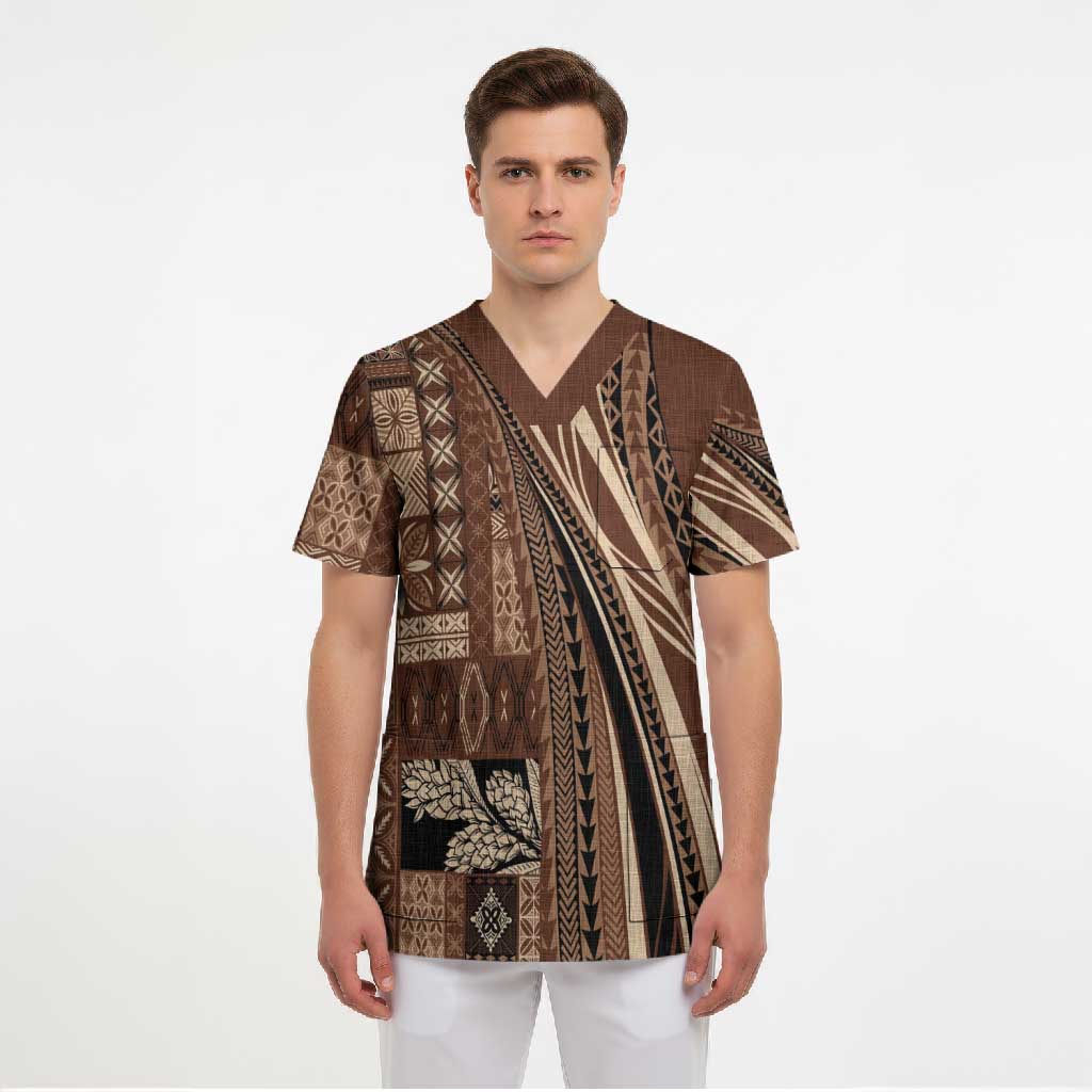 Pasifika Women's Day - Samoa Siapo Malu Tattoo Inspired Scrub Top Brown