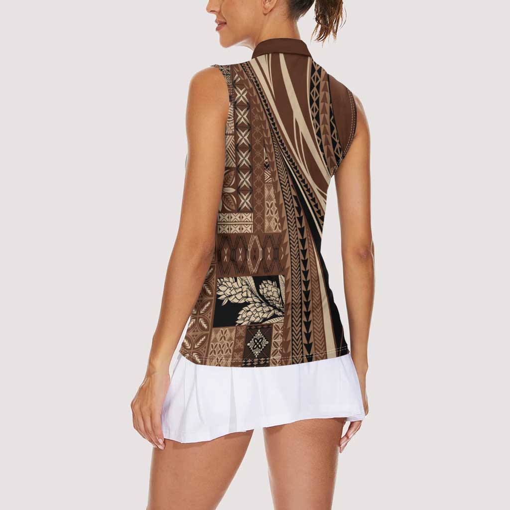 Pasifika Women's Day - Samoa Siapo Malu Tattoo Inspired Women Sleeveless Polo Shirt Brown LT7 - Polynesian Pride