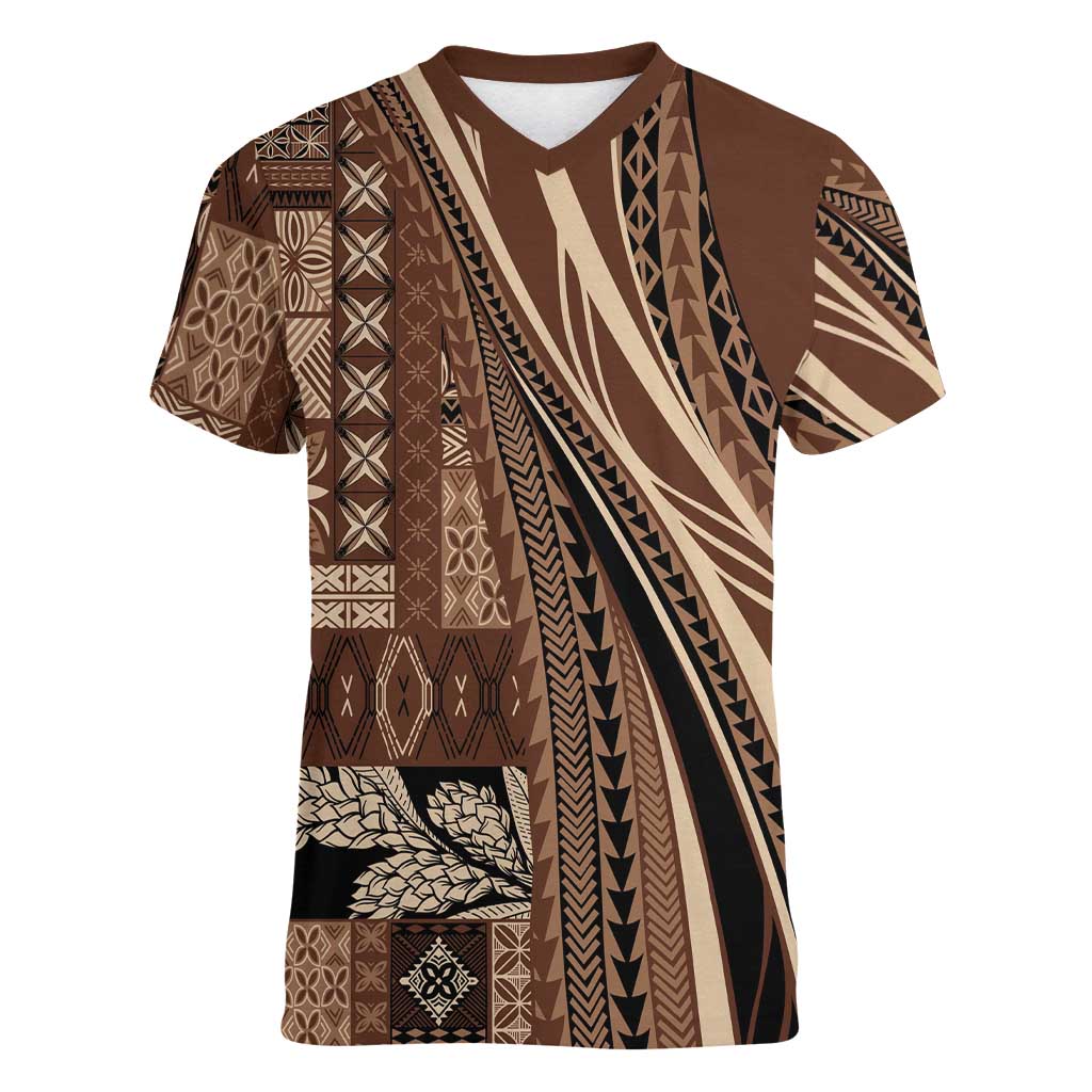 Pasifika Women's Day - Samoa Siapo Malu Tattoo Inspired Women V-Neck T-Shirt Brown