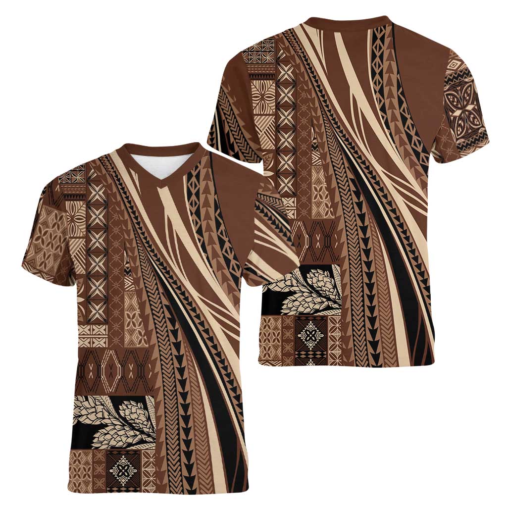 Pasifika Women's Day - Samoa Siapo Malu Tattoo Inspired Women V-Neck T-Shirt Brown