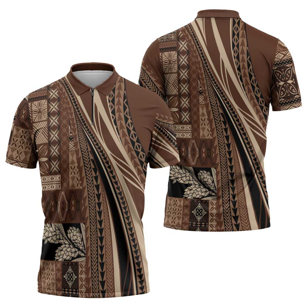 Pasifika Women's Day - Samoa Siapo Malu Tattoo Inspired Zipper Polo Shirt Brown LT7 - Polynesian Pride