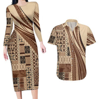 Pasifika Women's Day - Samoa Siapo Malu Tattoo Inspired Couples Matching Long Sleeve Bodycon Dress and Hawaiian Shirt Beige LT7 Beige - Polynesian Pride