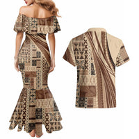 Pasifika Women's Day - Samoa Siapo Malu Tattoo Inspired Couples Matching Mermaid Dress and Hawaiian Shirt Beige LT7 - Polynesian Pride