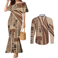 Pasifika Women's Day - Samoa Siapo Malu Tattoo Inspired Couples Matching Mermaid Dress and Long Sleeve Button Shirt Beige LT7 Beige - Polynesian Pride