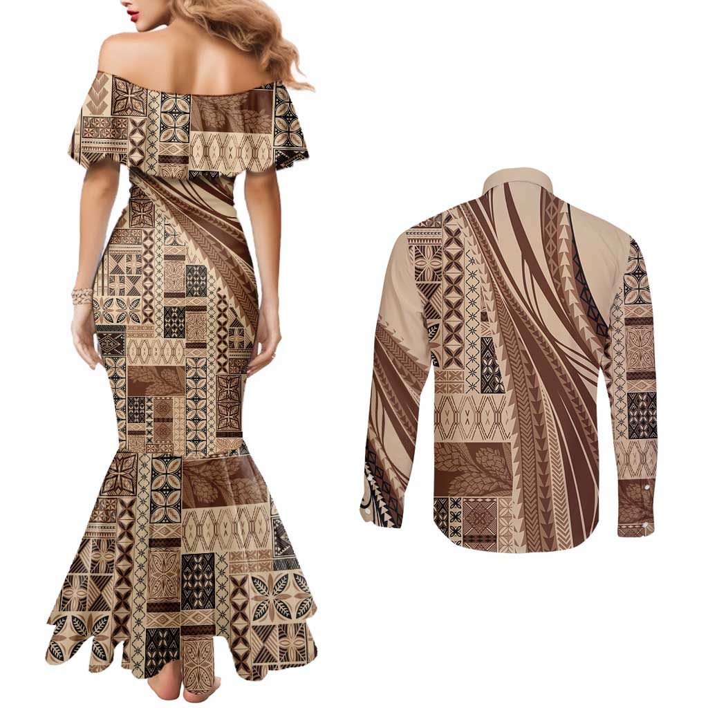 Pasifika Women's Day - Samoa Siapo Malu Tattoo Inspired Couples Matching Mermaid Dress and Long Sleeve Button Shirt Beige LT7 - Polynesian Pride