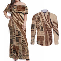 Pasifika Women's Day - Samoa Siapo Malu Tattoo Inspired Couples Matching Off Shoulder Maxi Dress and Long Sleeve Button Shirt Beige LT7 Beige - Polynesian Pride