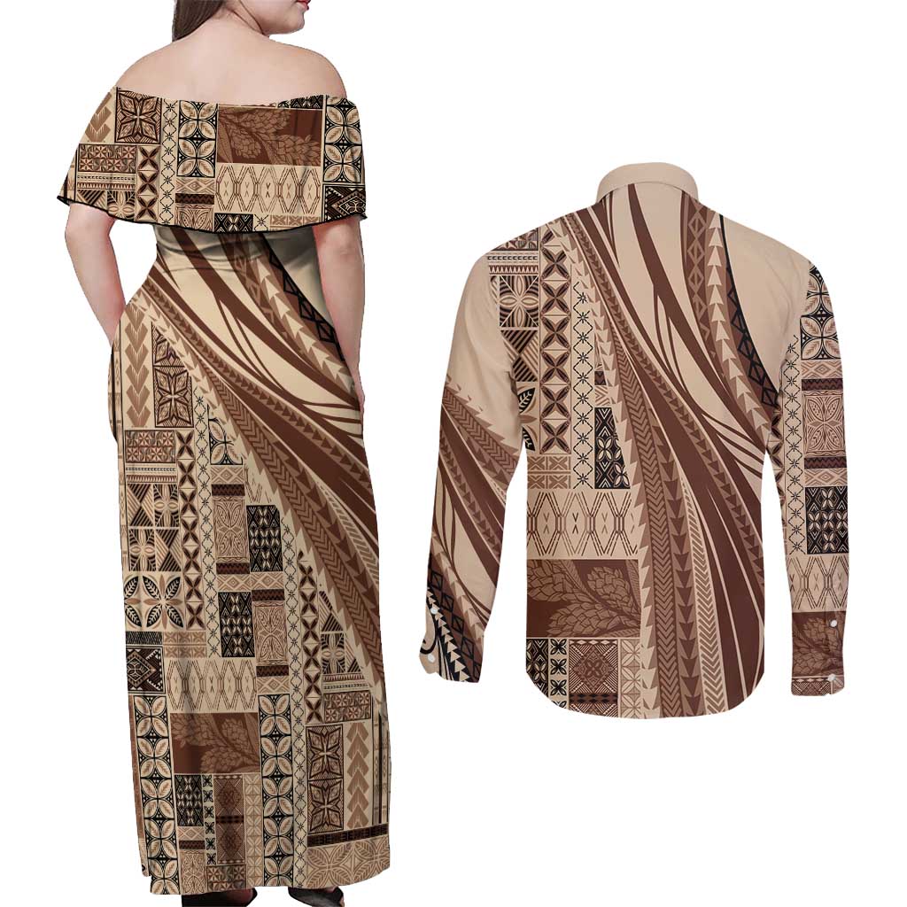 Pasifika Women's Day - Samoa Siapo Malu Tattoo Inspired Couples Matching Off Shoulder Maxi Dress and Long Sleeve Button Shirt Beige LT7 - Polynesian Pride