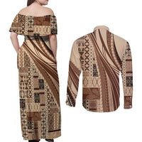 Pasifika Women's Day - Samoa Siapo Malu Tattoo Inspired Couples Matching Off Shoulder Maxi Dress and Long Sleeve Button Shirt Beige LT7 - Polynesian Pride