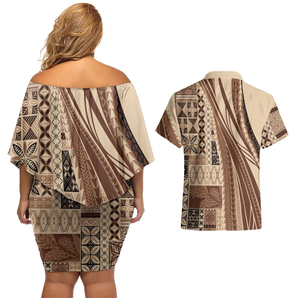 Pasifika Women's Day - Samoa Siapo Malu Tattoo Inspired Couples Matching Off Shoulder Short Dress and Hawaiian Shirt Beige LT7 - Polynesian Pride
